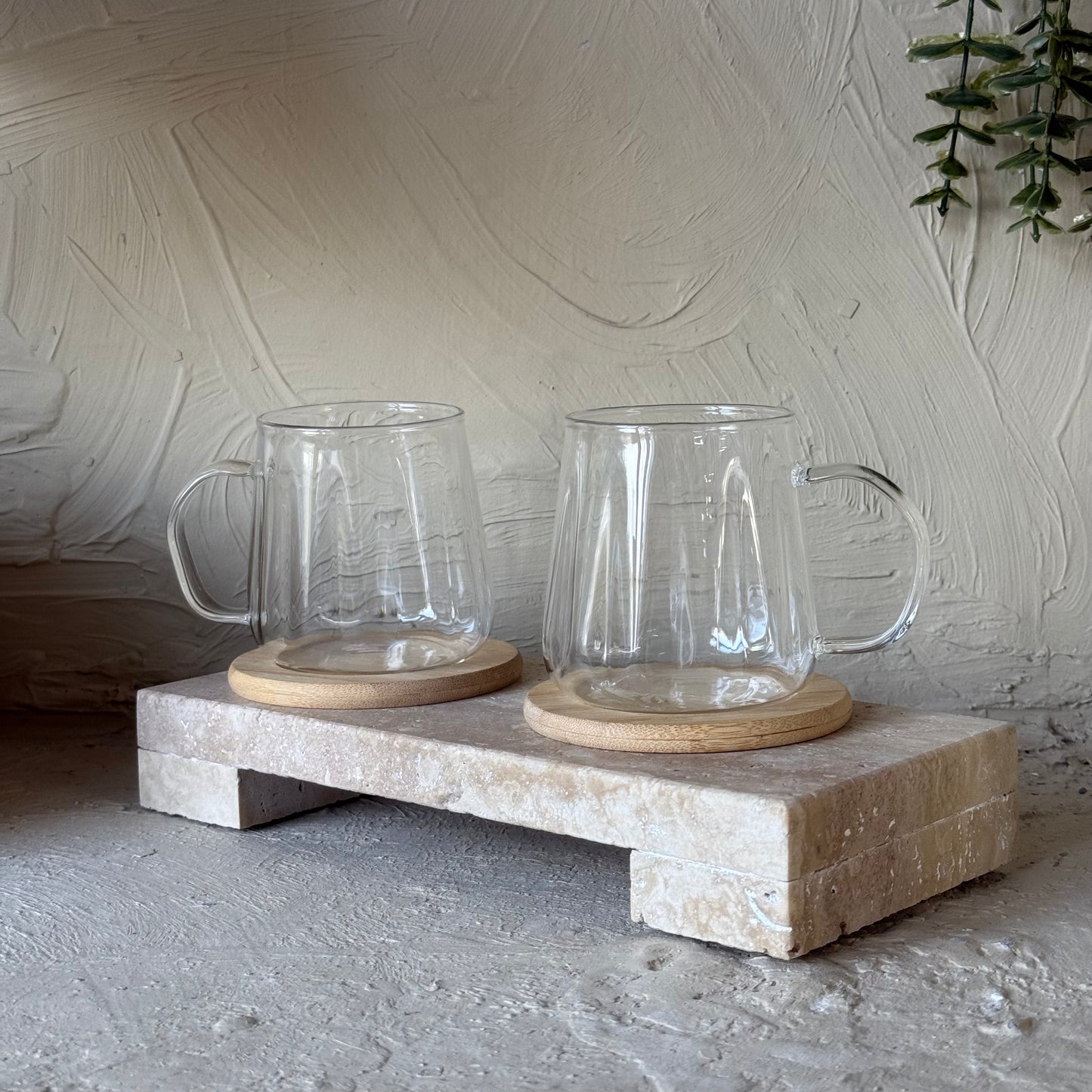 Tutku Bambu Standlı Borosilikat Cam İkili Kupa Seti Çizgili Model