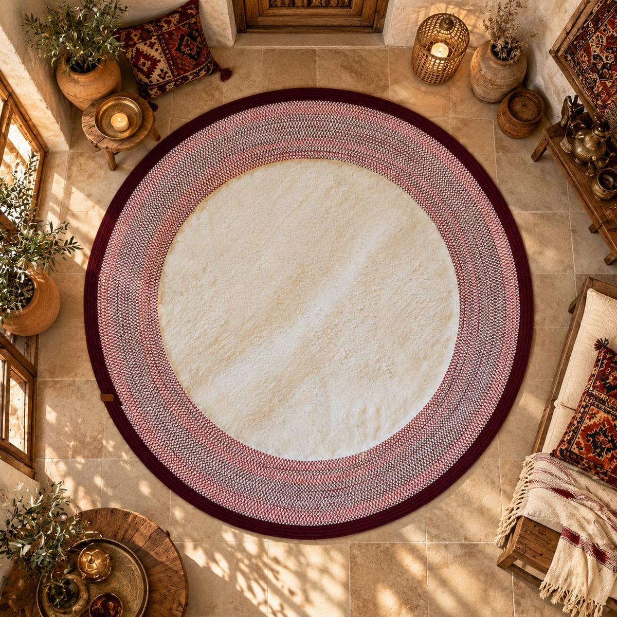 Doğal Lif Örgülü Peluş Dokulu Yuvarlak Dekoratif Halı Nil Bordo 100x100