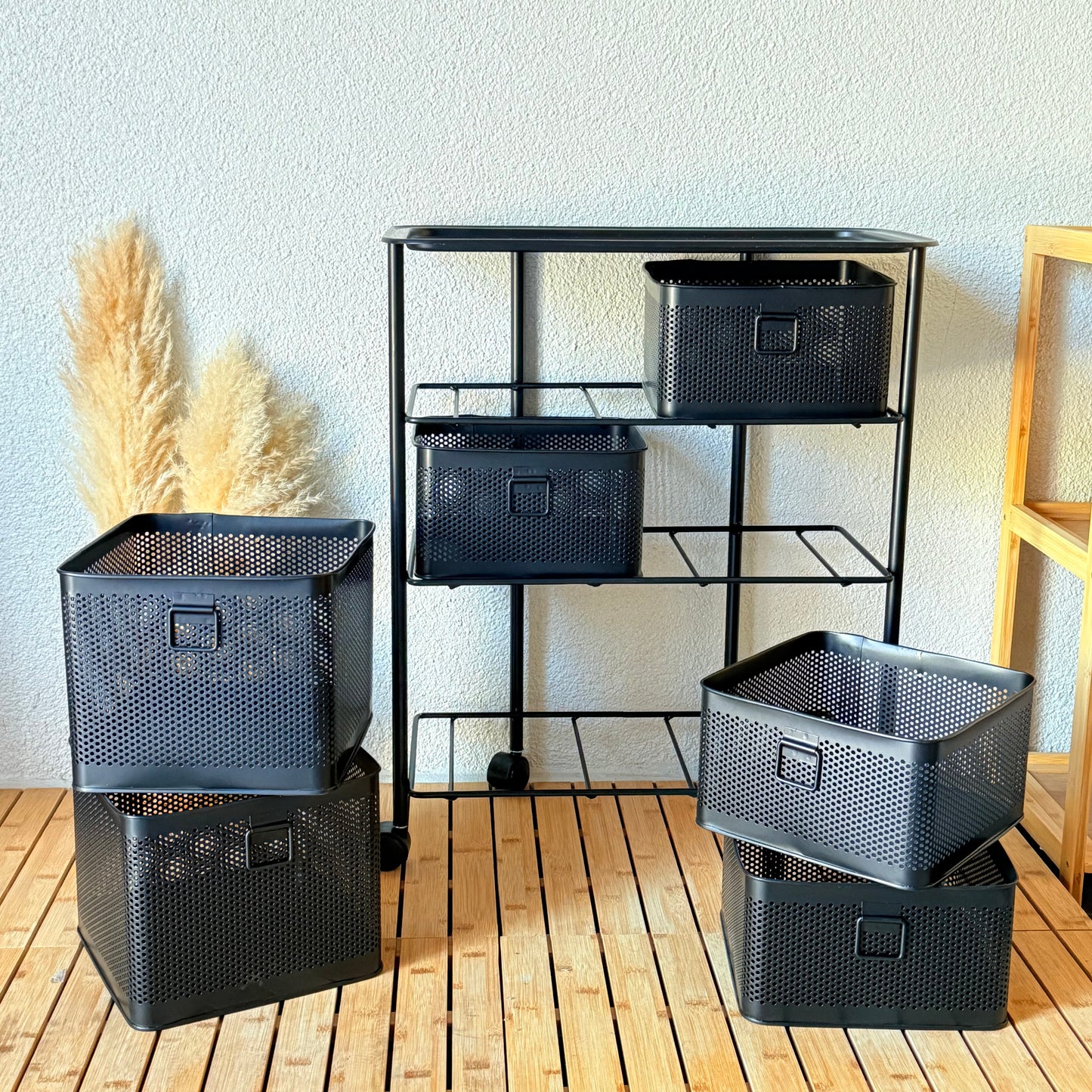 Evanev 3 Katlı Açılır Kapanır 6 Çekmeçeli Tekerlekli Kare Ferforje Sebzelik Siyah KOD:1059T