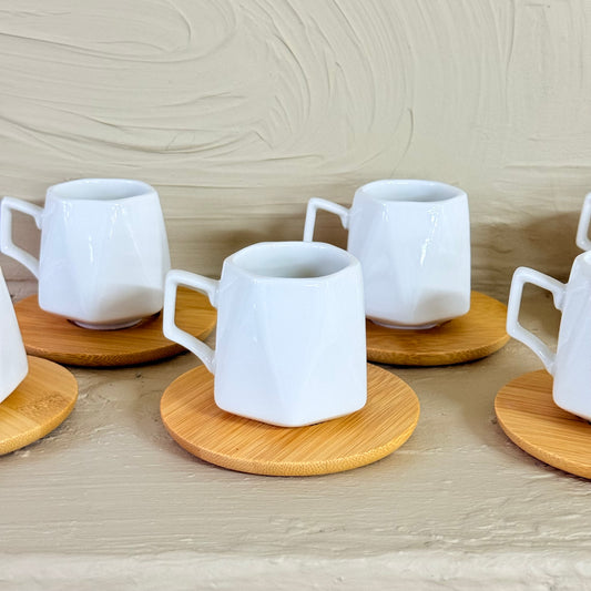 KRD Bambu Altlık Porselen Kahve Fincan Takımı Seti Prizma Model 6 Kişilik