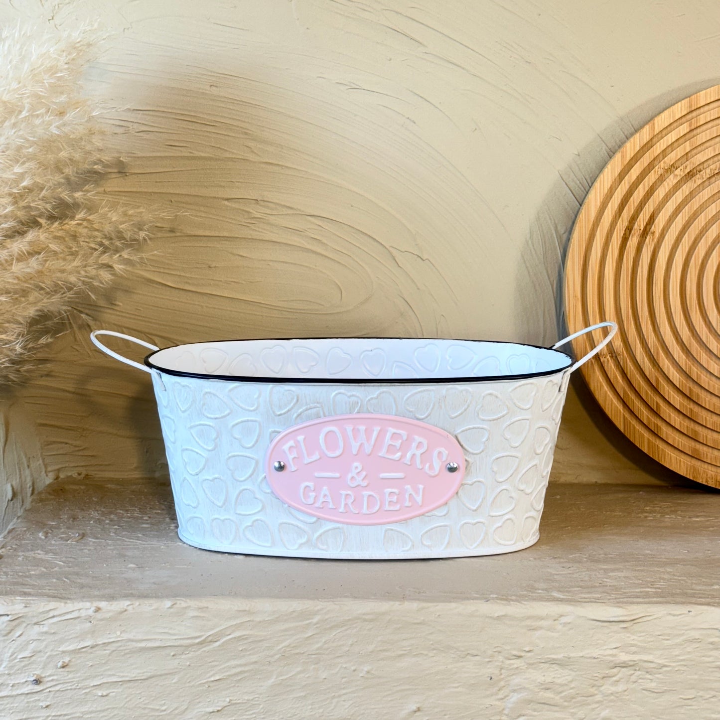 Tutku Vintage Oval Metal Kulplu Saksı Beyaz KOD:3458