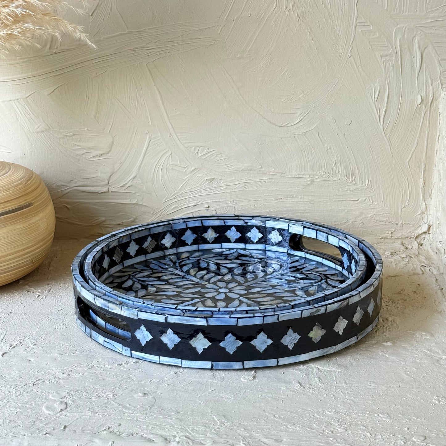 SVR Sedef İkili Yuvarlak Tepsi Seti KOD:61832 Siyah