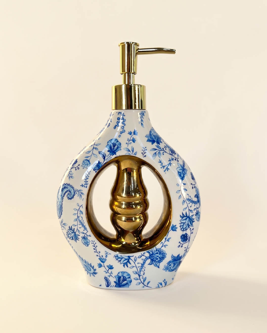 Gold Detaylı Oval Mavi-Beyaz Desenli Sıvı Sabunluk Yuvarlak 4502
