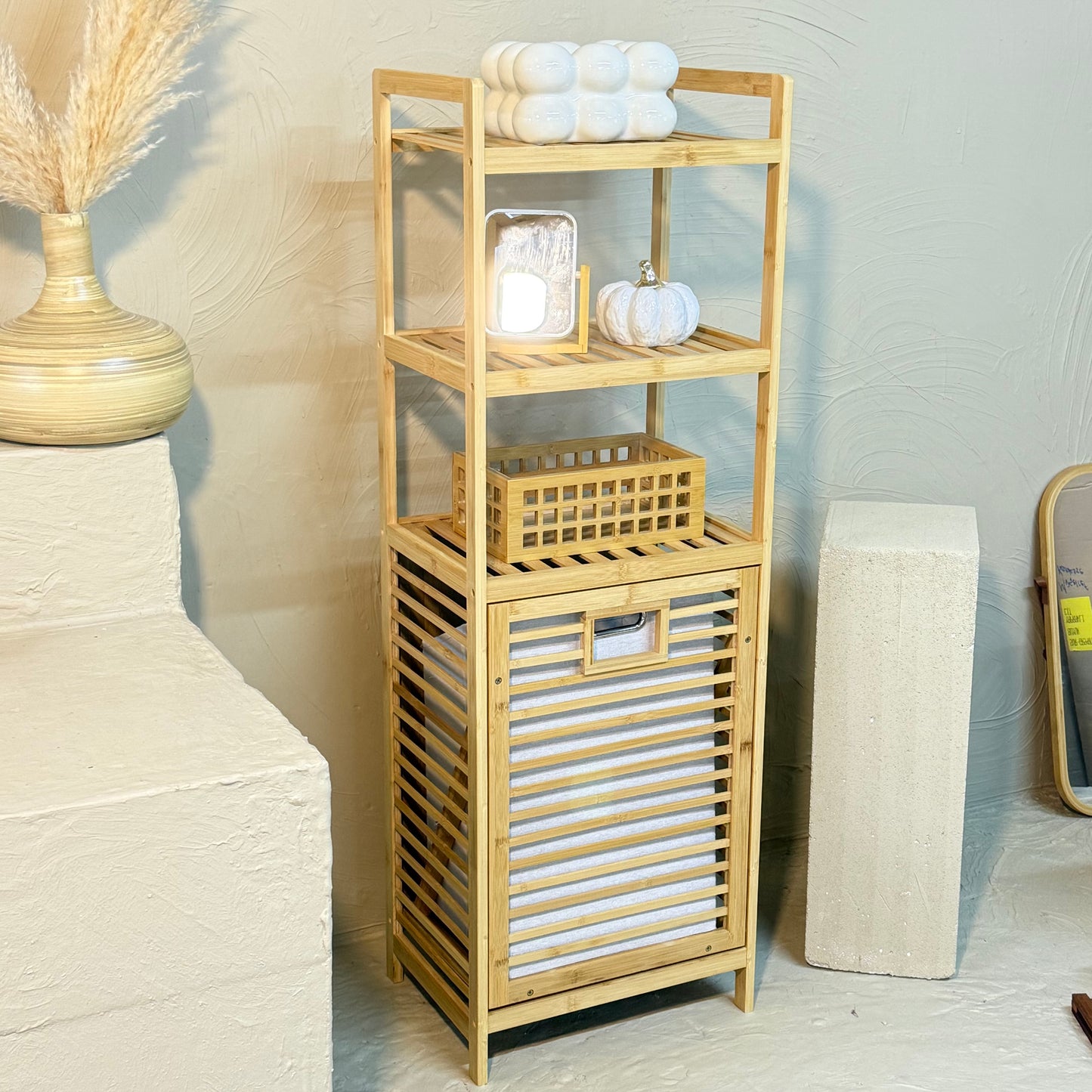 Lalezar 3 Raflı Bambu Kirli Çamaşır Sepeti Krem  KOD:8021