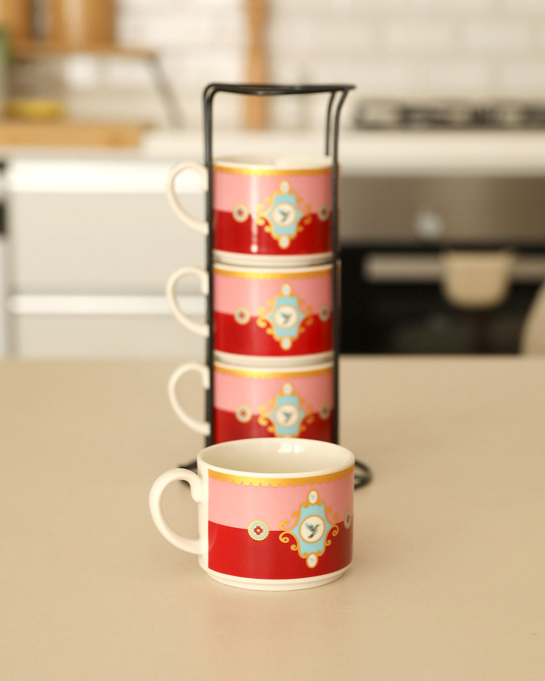 Pashally Metal Standlı Porselen 4 Lü Nescafe Kupa Seti Kırmızı