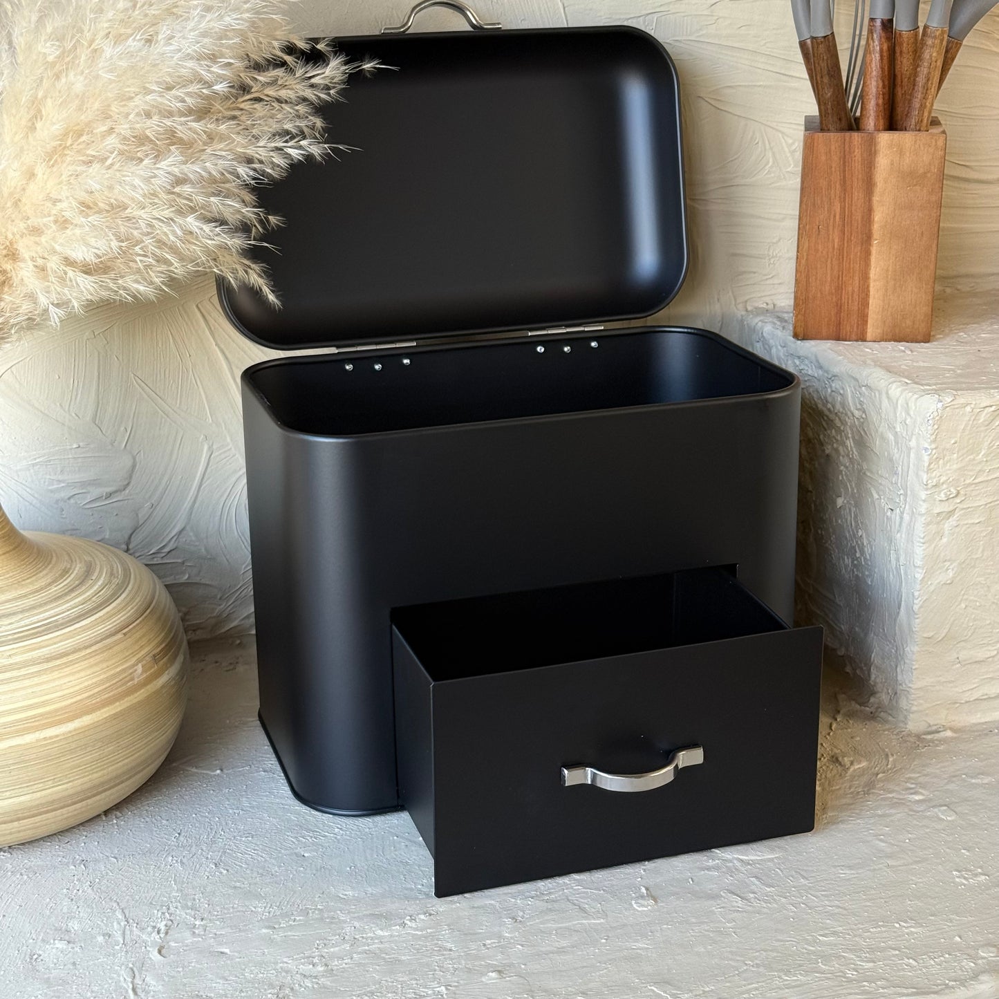 Vintage Çekmeceli Metal Ekmeklik Mat Siyah KOD:019