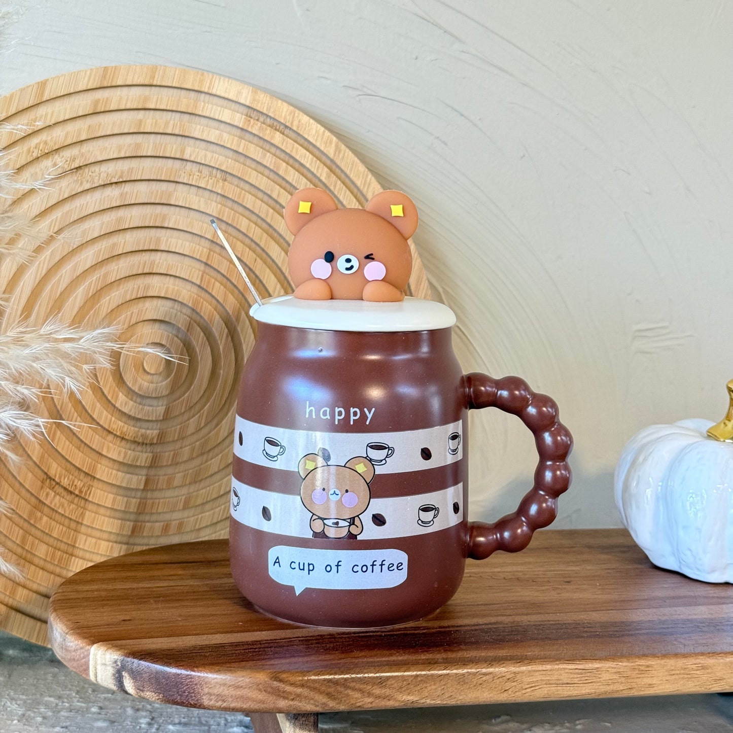 Tutku Bear Kapaklı Porselen Kupa Kahve Rengi Happy