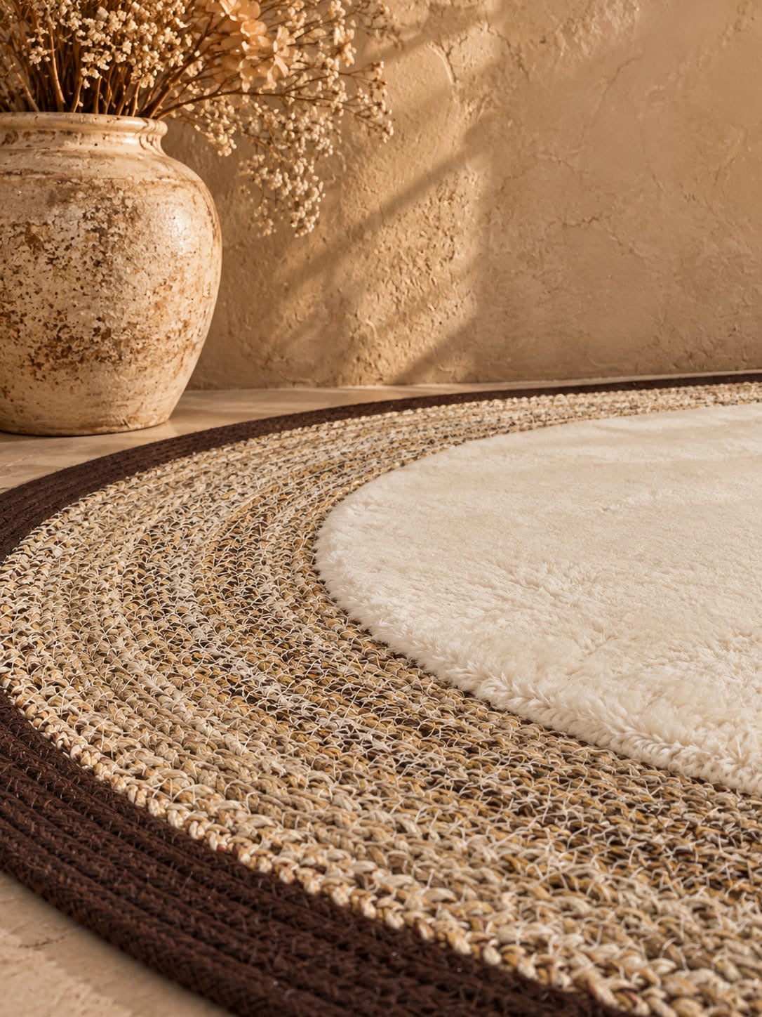 Doğal Lif Örgülü Peluş Dokulu Yuvarlak Dekoratif Halı Nil Multi Kahve 100x100