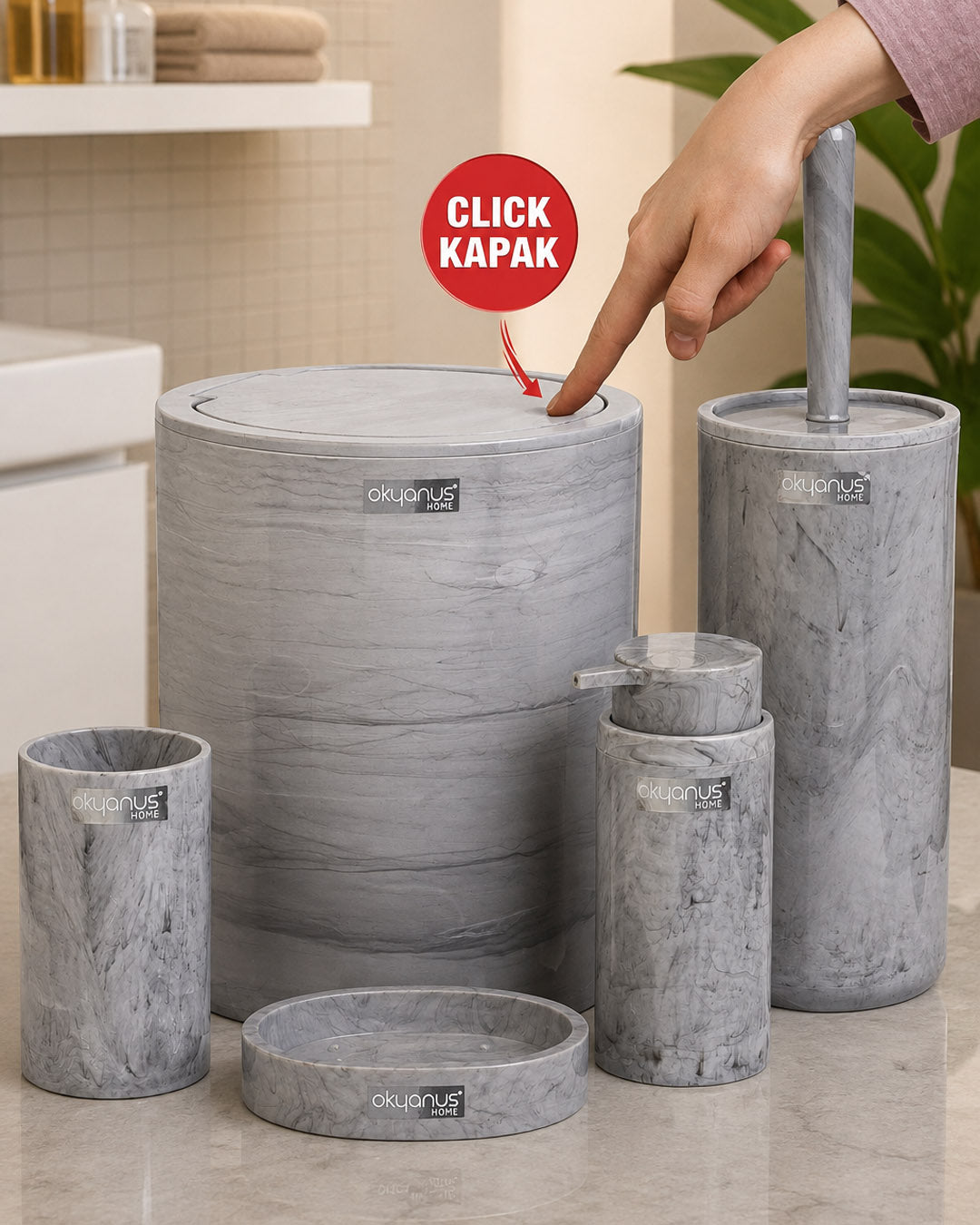 Yuvarlak Mermer Desenli 5'li Banyo Seti 513