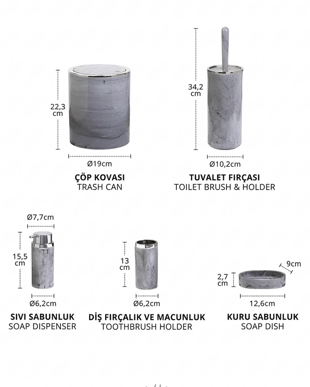 Yuvarlak Krom Mermer Desenli 5'li Banyo Seti