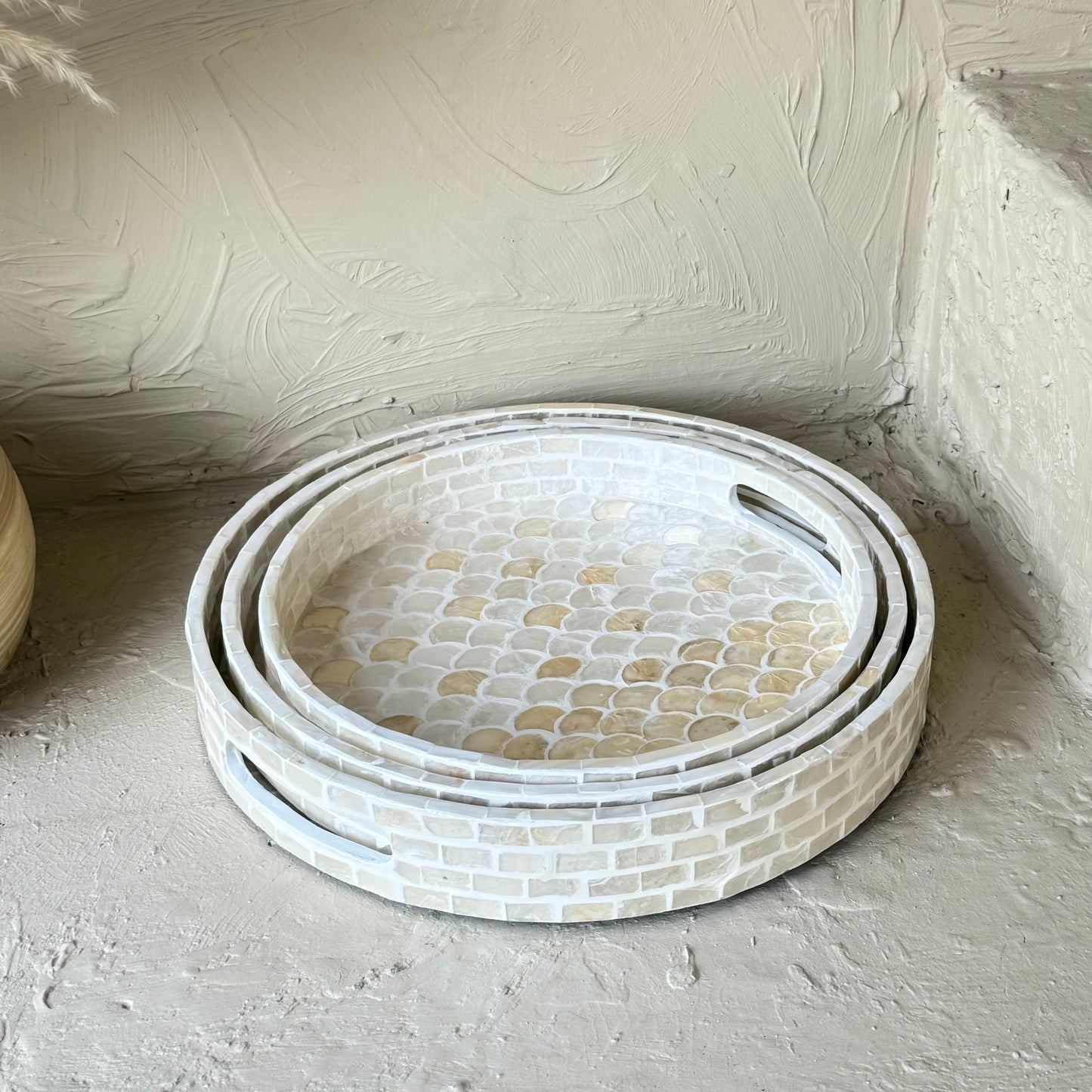 SVR Sedef 3 Lü Yuvarlak Tepsi Seti KOD:61874  Krem