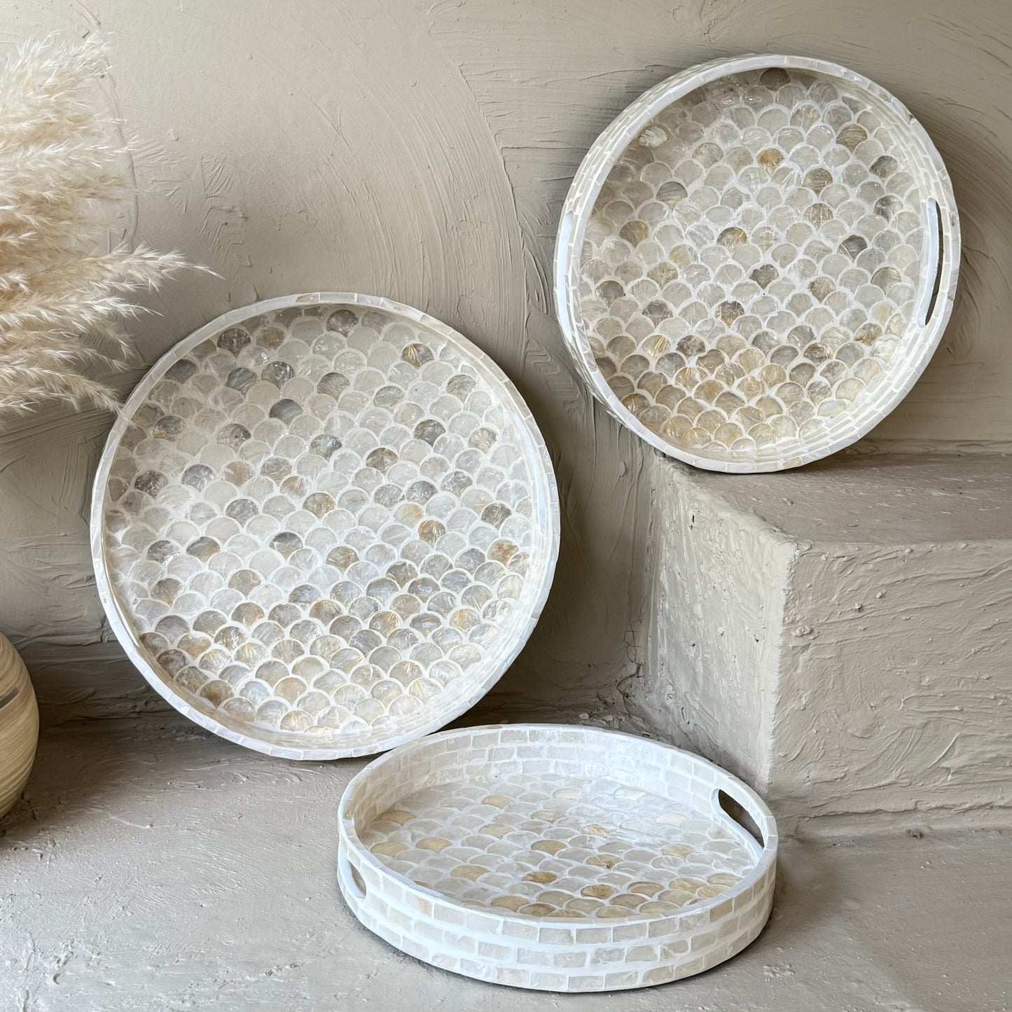 SVR Sedef 3 Lü Yuvarlak Tepsi Seti KOD:61874  Krem