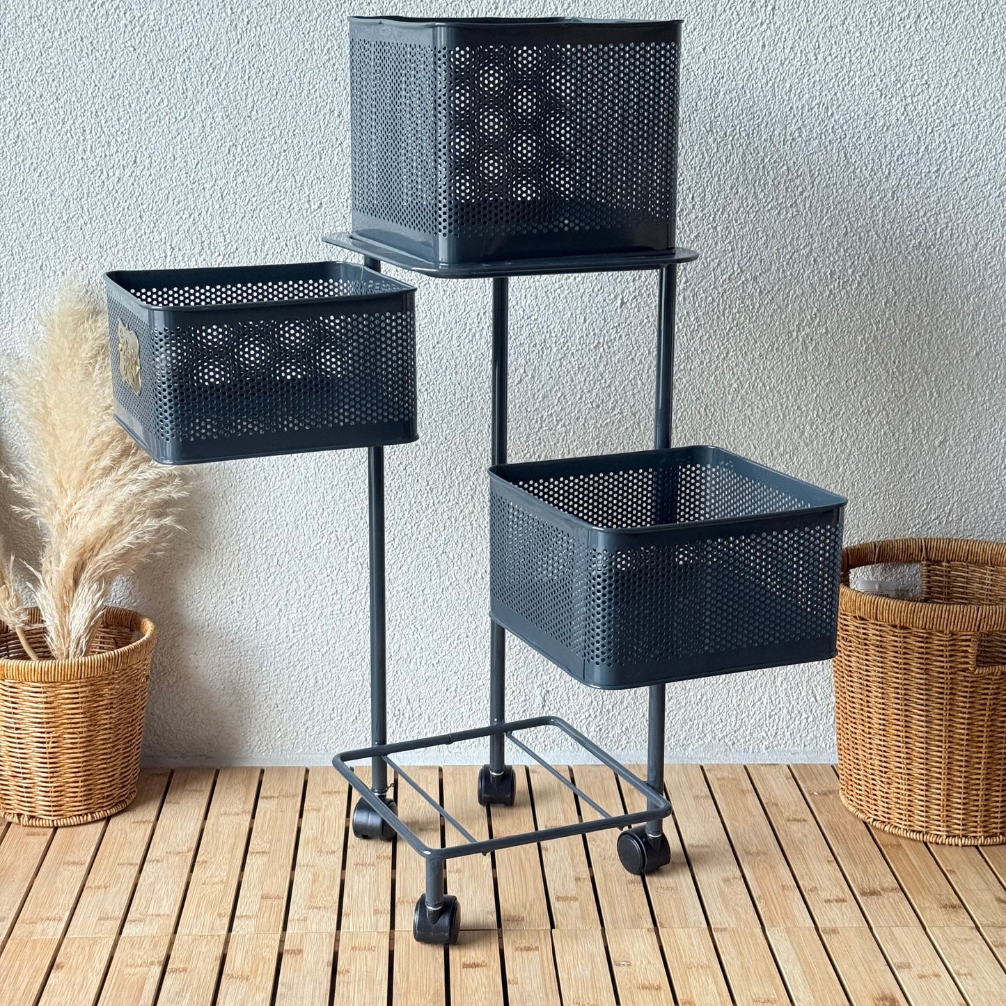 Evanev 3 Katlı Açılır Kapanır Tekerlikli Kare Ferforje Sebzelik Gri KOD:1058K