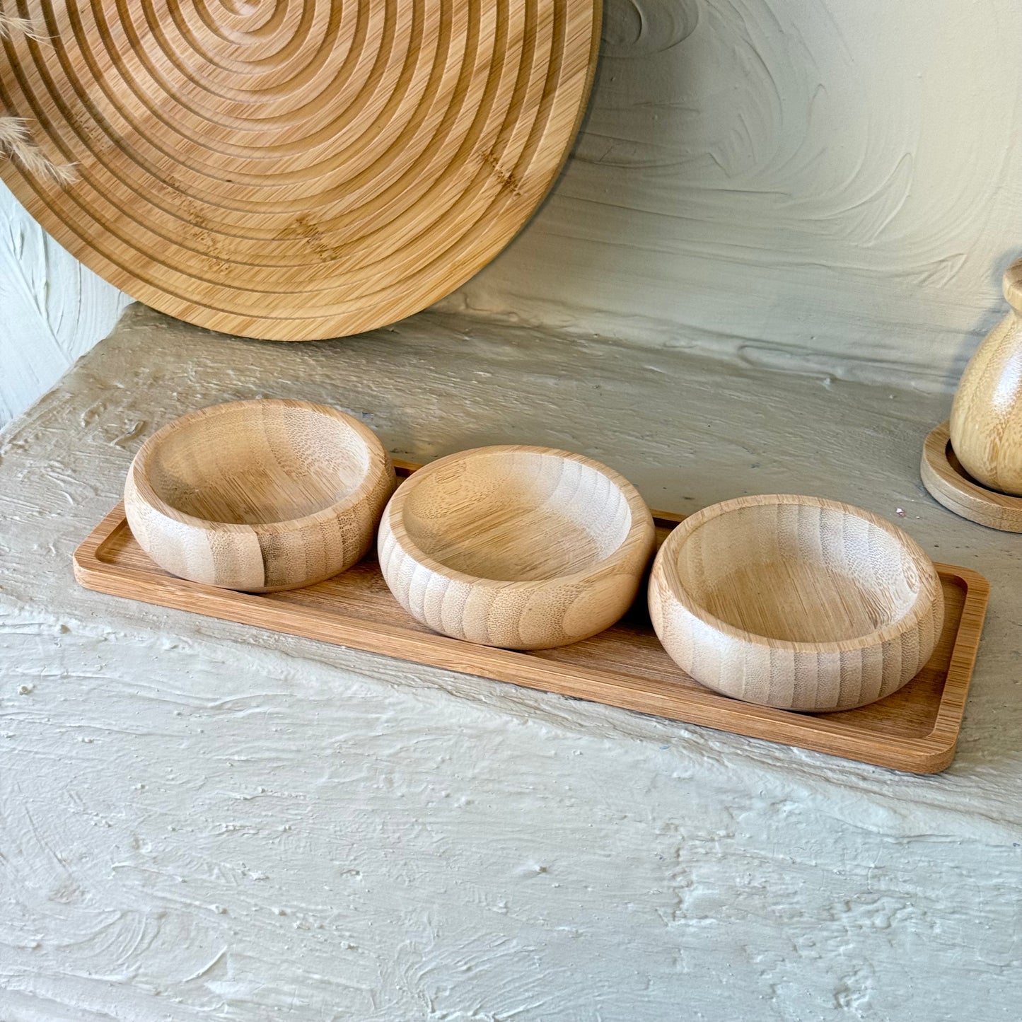 Miev Bambu Standlı 3Lü Yuvarlak Çerezlik Sosluk Seti