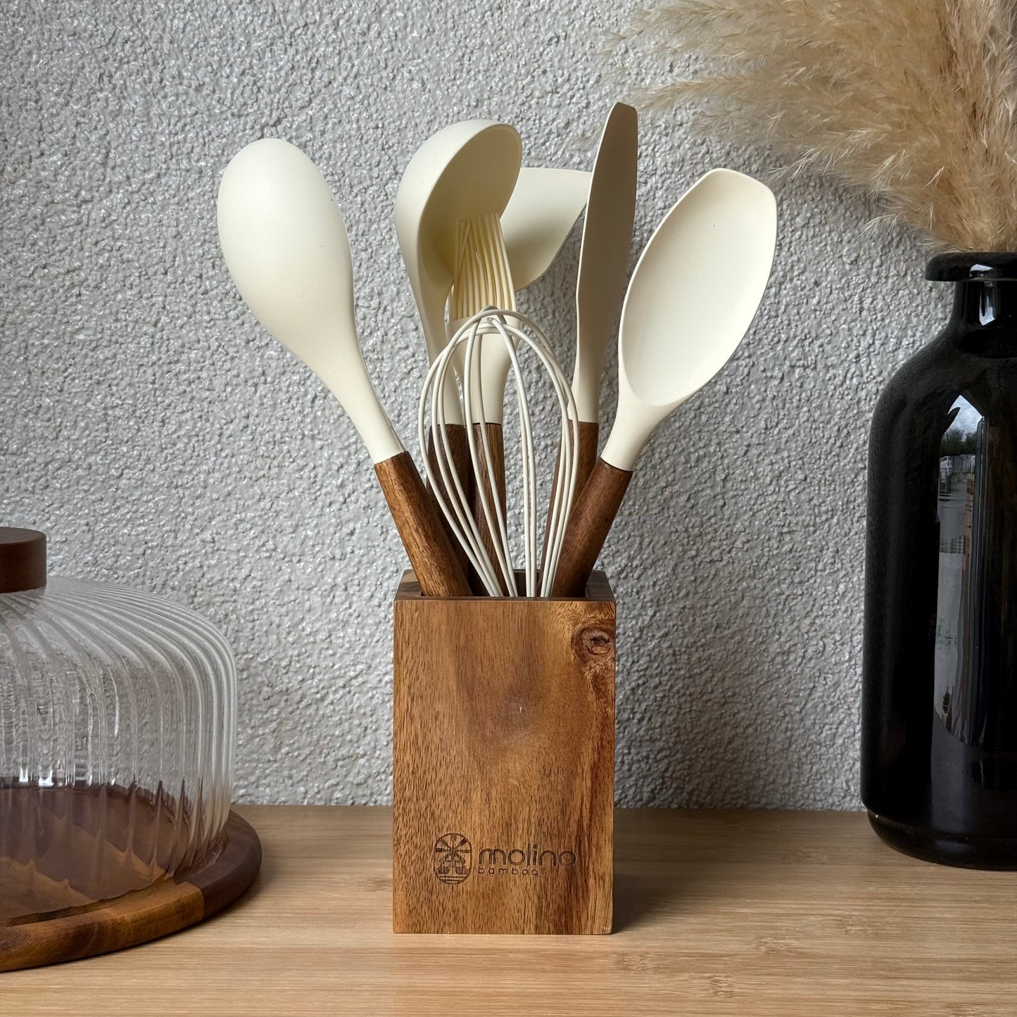 Molino Akasya Ağacı Standlı Silikon Mutfak Seti 8 Parça Krem