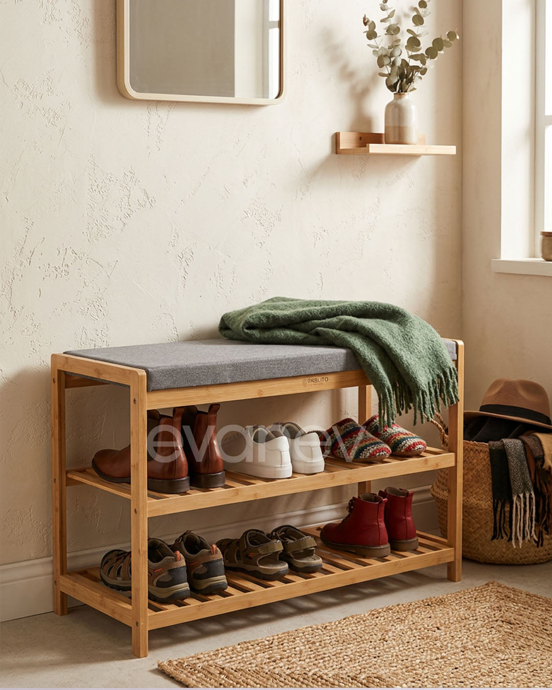 Doğal Bambu Minderli Ayakkabılık & Oturma Bench’i