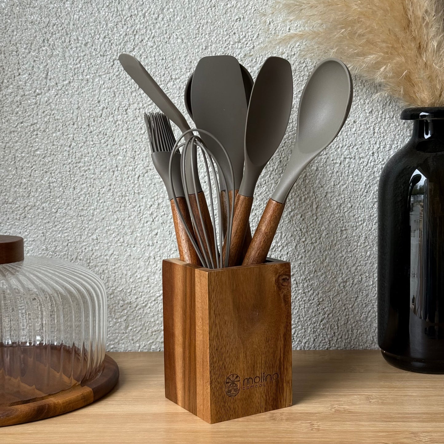 Molino Akasya Ağacı Standlı Silikon Mutfak Seti 8 Parça Bej
