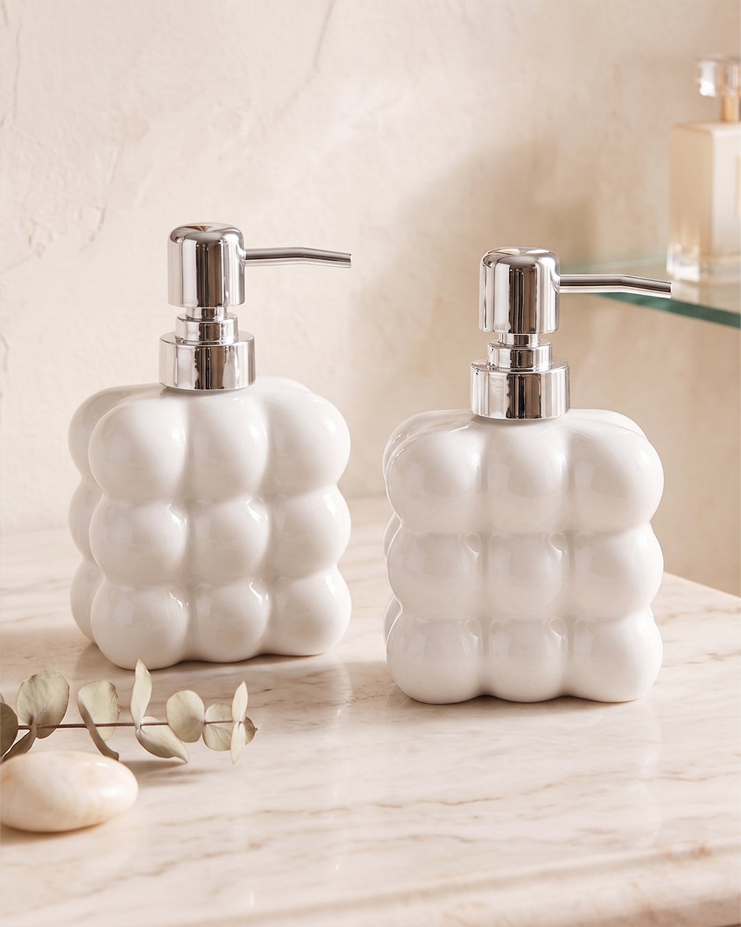 2'li Bubble Tasarım Parlak Beyaz Cam Sıvı Sabunluk Seti - 300 ml Krom Başlık