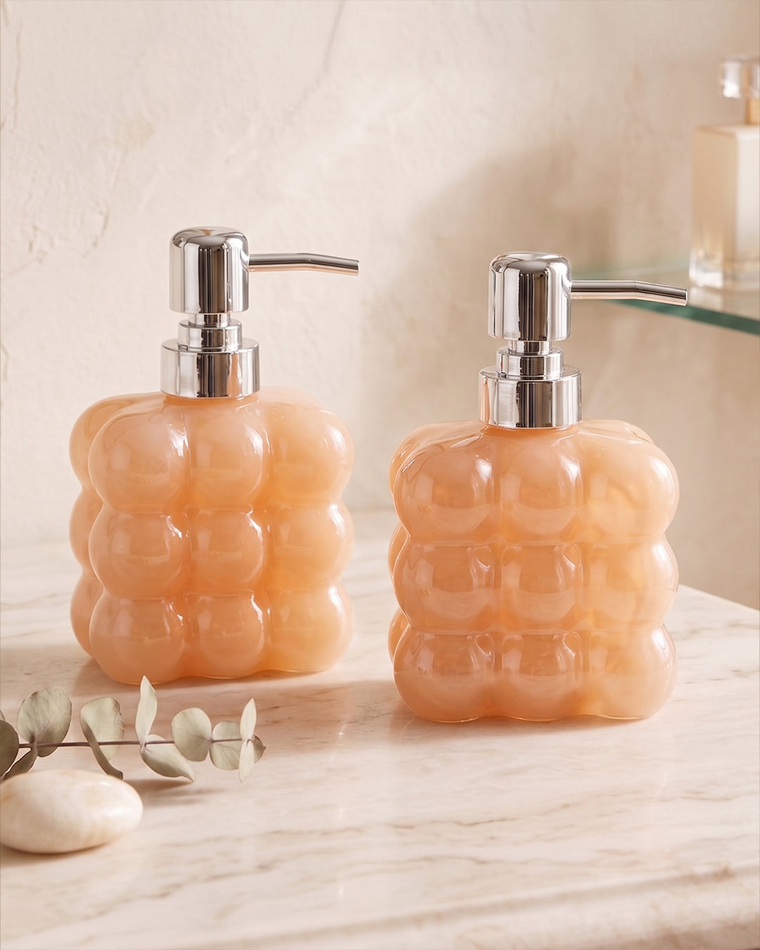 2'li Bubble Tasarım Parlak Apricot Cam Sıvı Sabunluk Seti - 300 ml Krom Başlık
