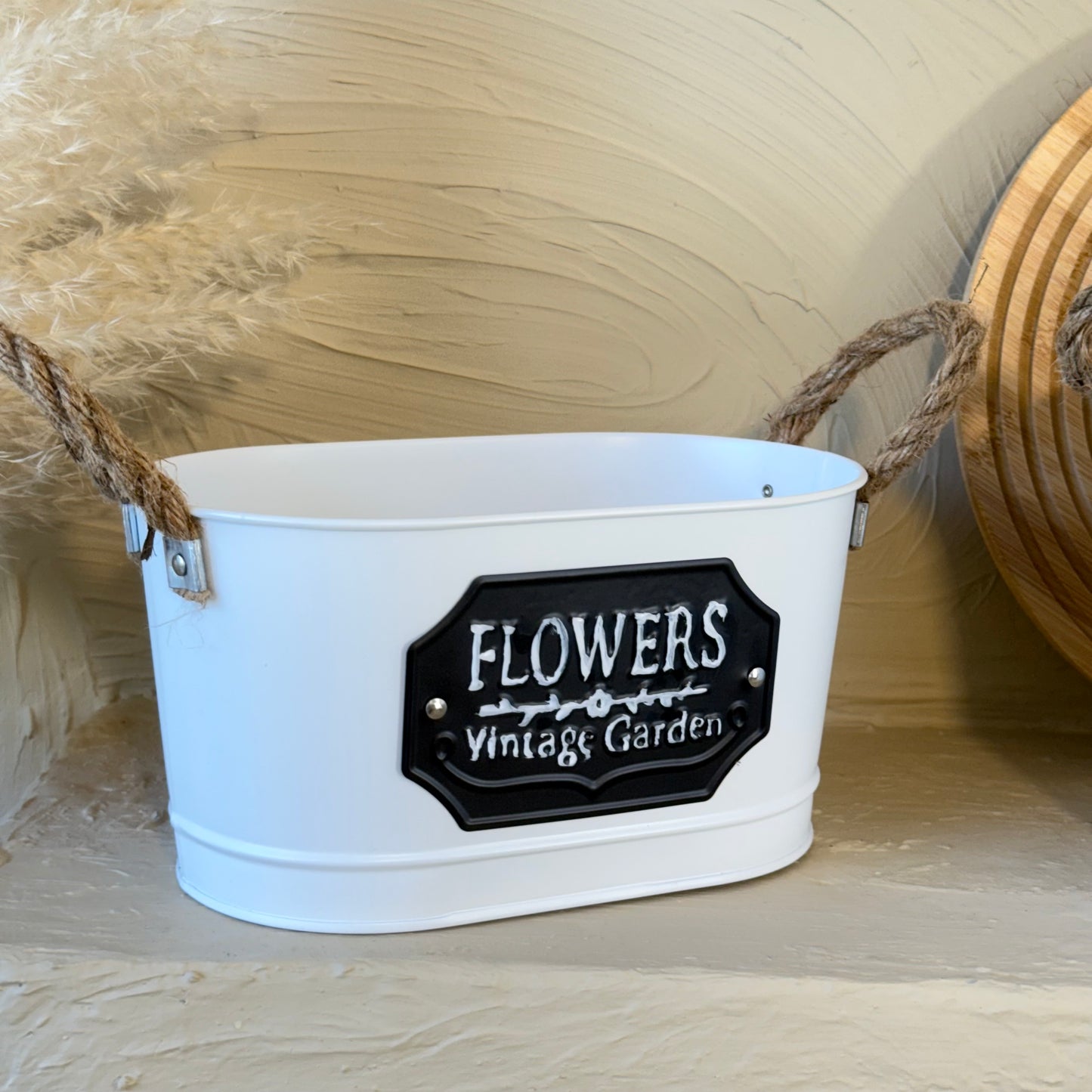 Tutku Halat Kulplu Metal İki Boy Vintage Saksı Beyaz KOD:3455-54