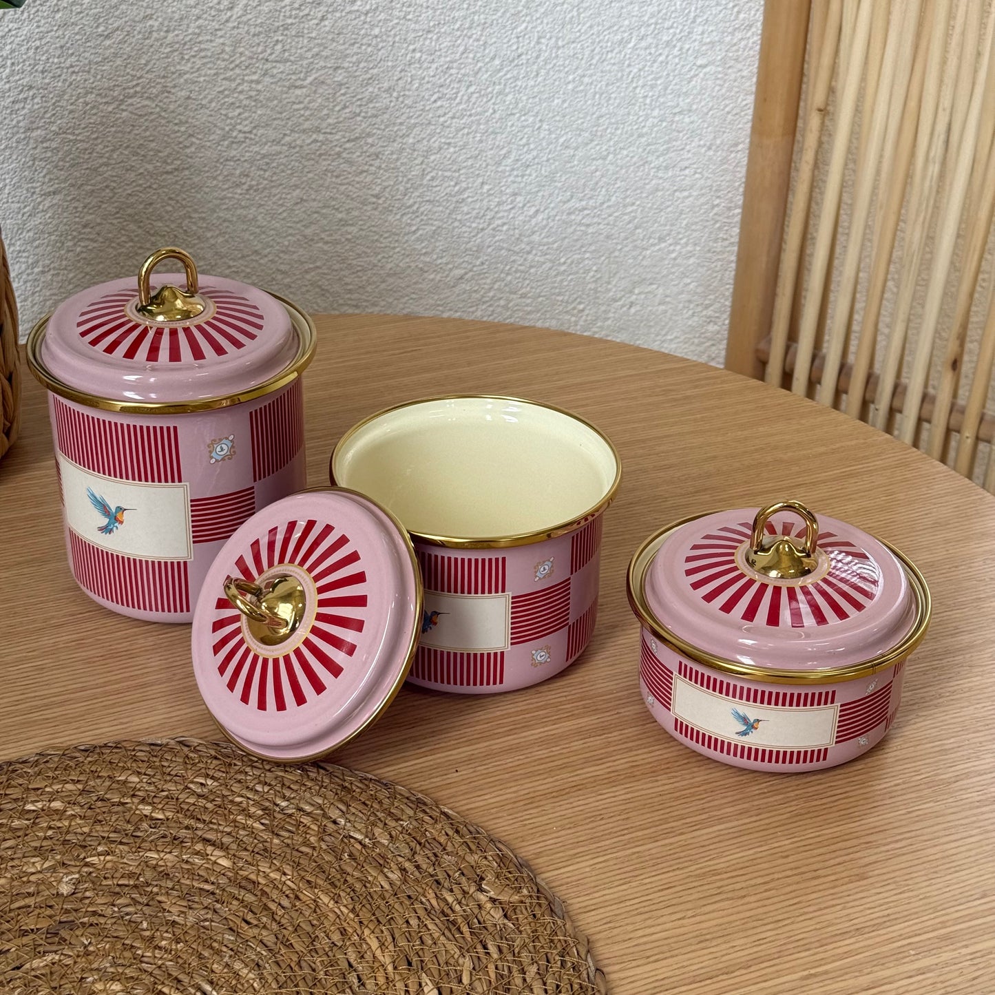 Pashally Emaye Kuş Desenli 3 Boy Kavanoz Seti  Pembe-KırmıI KOD:0472