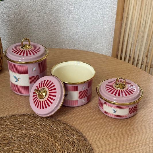 Pashally Emaye Kuş Desenli 3 Boy Kavanoz Seti  Pembe-KırmıI KOD:0472