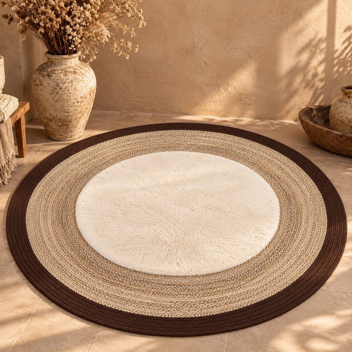 Doğal Lif Örgülü Peluş Dokulu Yuvarlak Dekoratif Halı Nil Multi Kahve 100x100