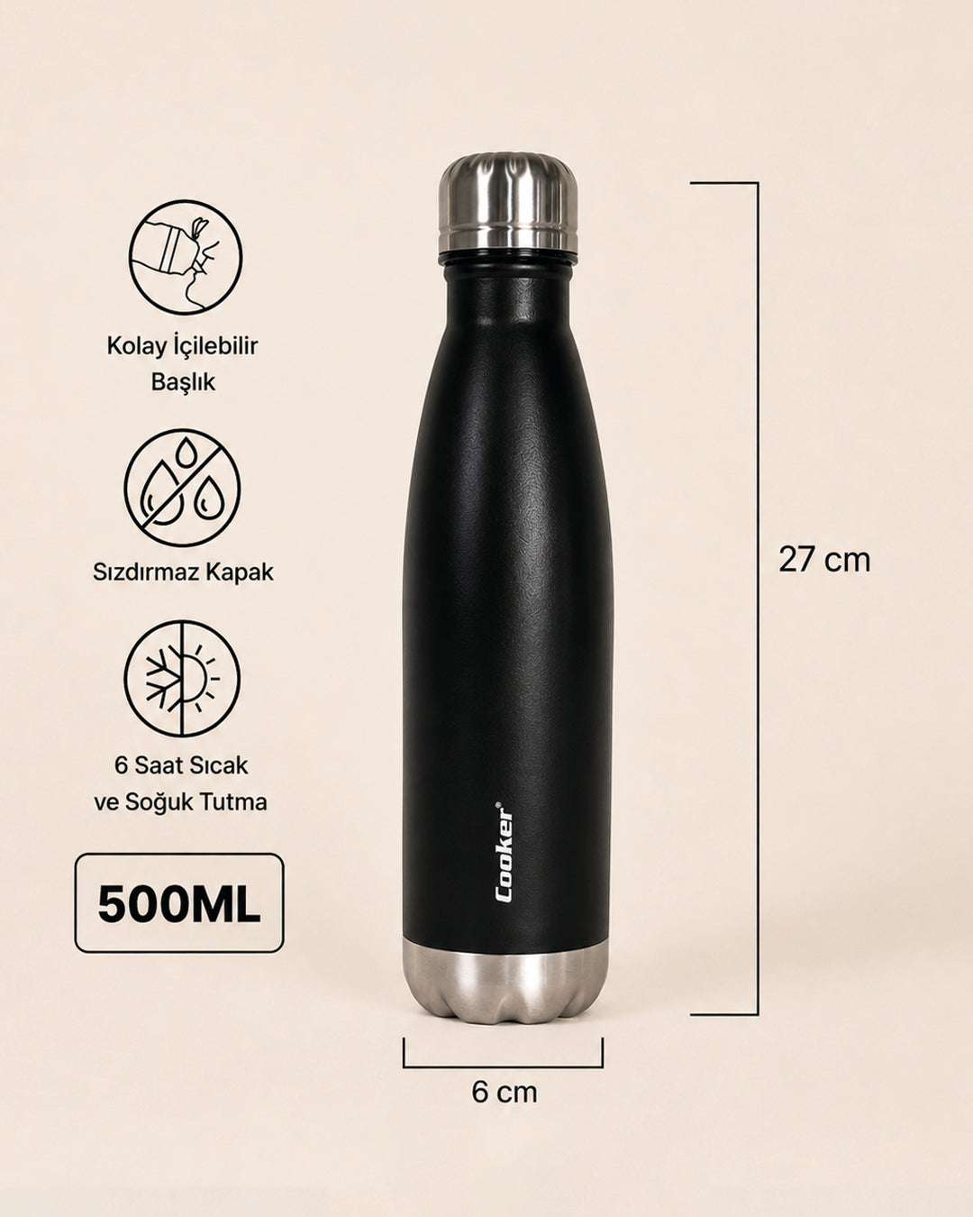 500 ml Paslanmaz Çelik Şişe Termos Siyah Miev