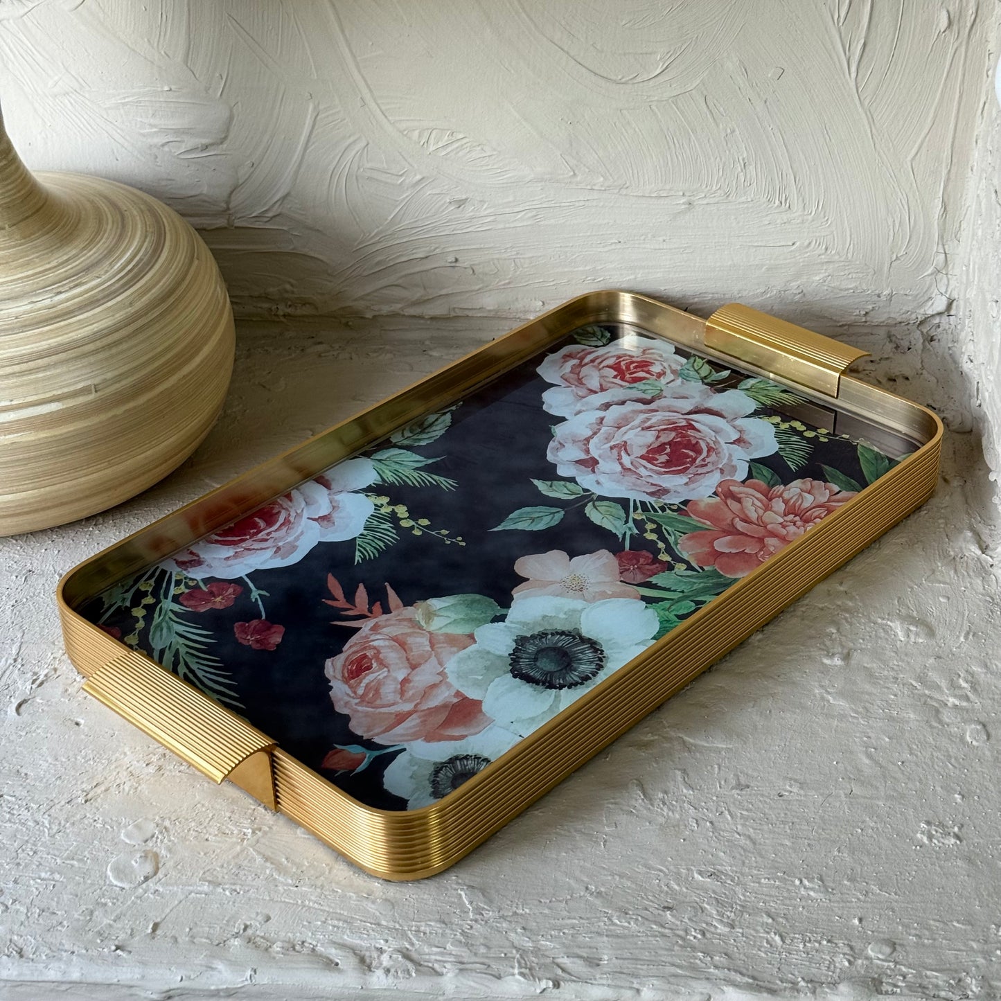 Arow Gold Garden Desenli Cam Tepsi KOD:1212