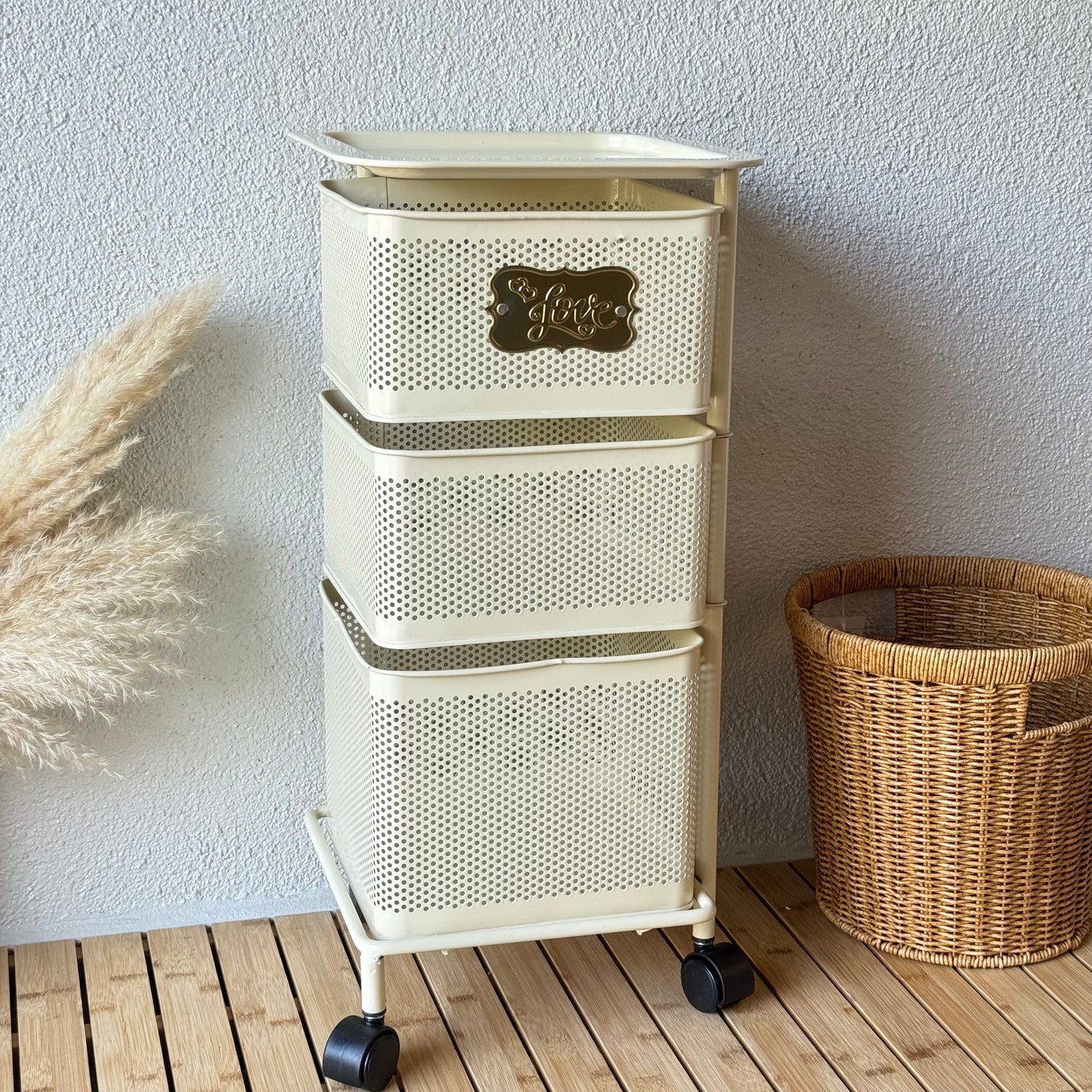 Evanev 3 Katlı Açılır Kapanır Tekerlikli Kare Ferforje Sebzelik Krem KOD:1058K