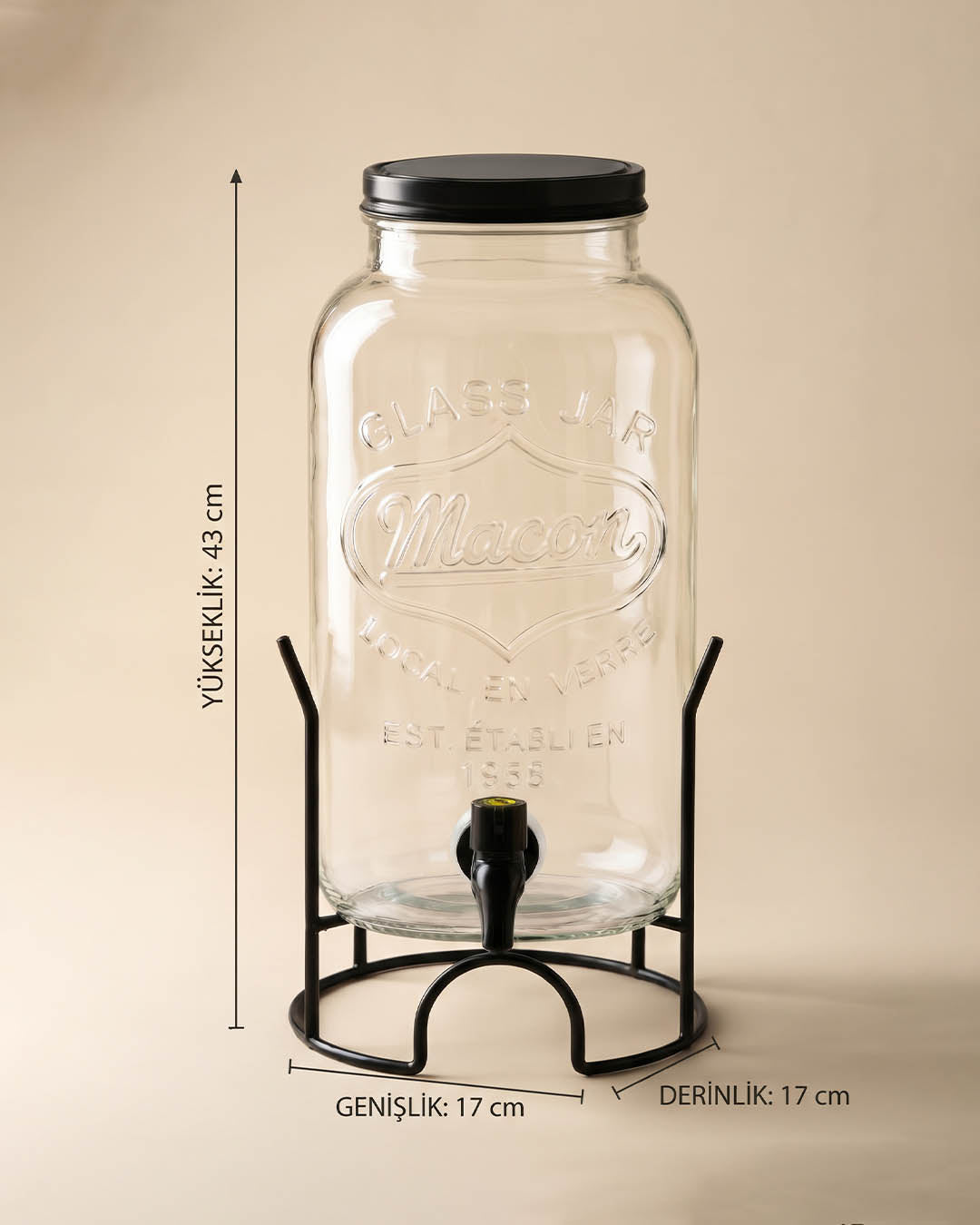 Ferforje Stantlı 4 Litre Musluklu Cam Sebil / İçecek Dağıtıcısı
