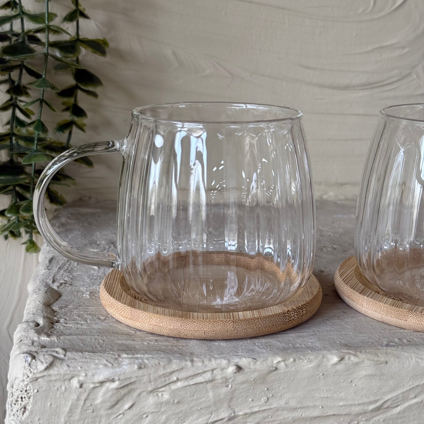 Tutku Bambu Standlı Borosilikat Cam İkili Kupa Seti Çizgili Tombul Model