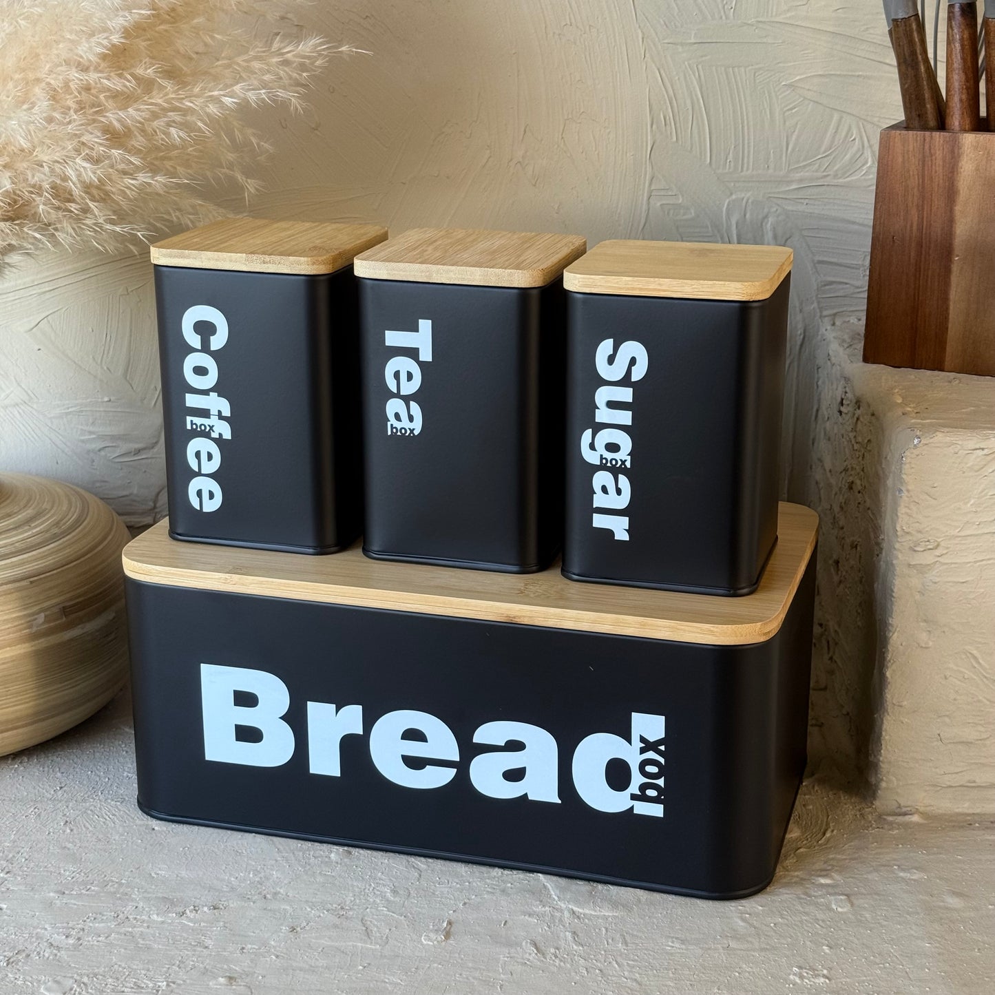 Vintage Bambu Kapaklı Ekmeklik Kavanoz Seti Siyah KOD:345