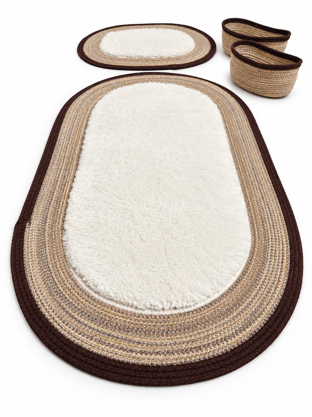 LuxeOval Kahve-Krem Peluş Banyo Paspas ve Hasır Organizer 4’lü Seti | Modern & Skandinav Tasarım