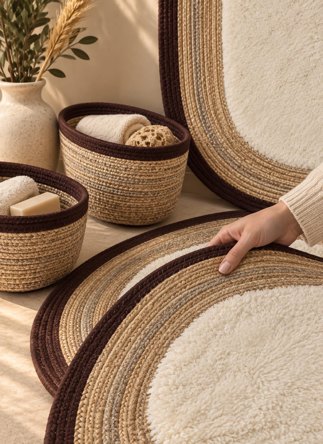 LuxeOval Kahve-Krem Peluş Banyo Paspas ve Hasır Organizer 4’lü Seti | Modern & Skandinav Tasarım