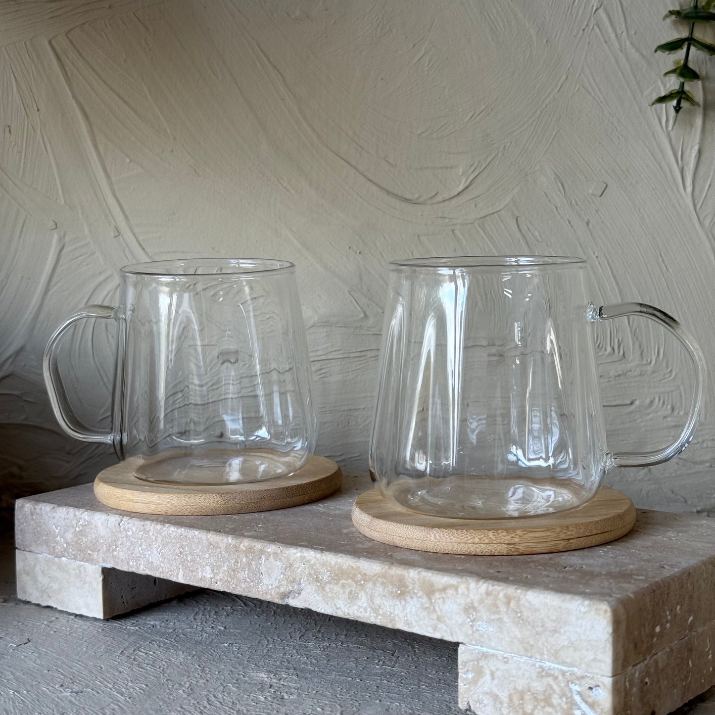 Tutku Bambu Standlı Borosilikat Cam İkili Kupa Seti Çizgili Model