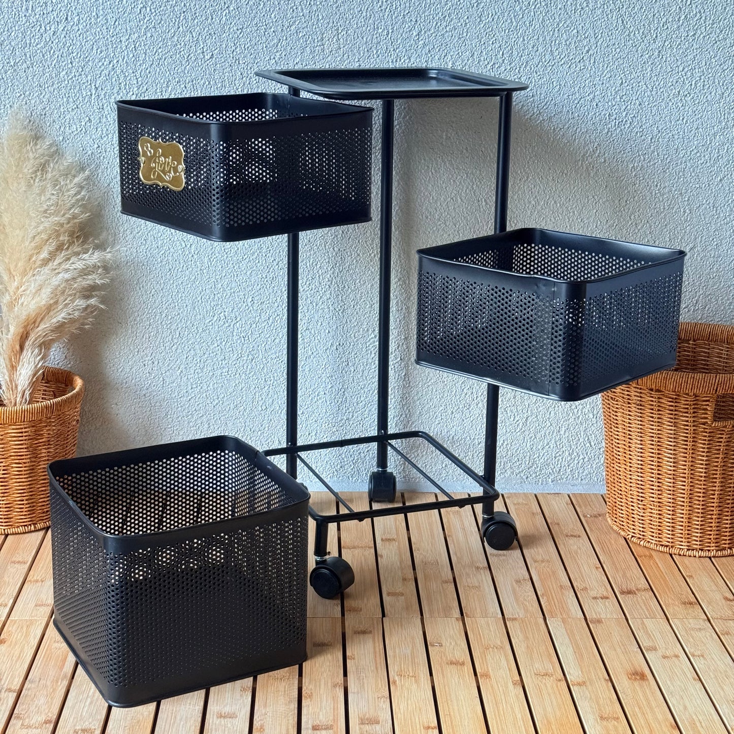 Evanev 3 Katlı Açılır Kapanır Tekerlikli Kare Ferforje Sebzelik Siyah KOD:1058K