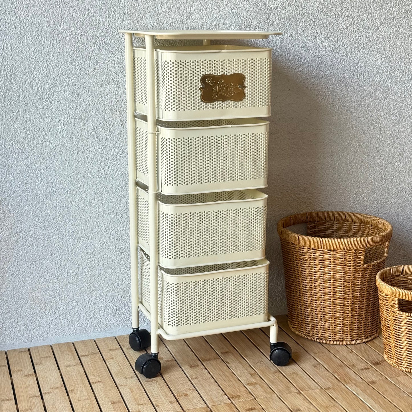 Evanev 4 Katlı Açılır Kapanır Tekerlikli Kare Ferforje Sebzelik Krem KOD:1057K