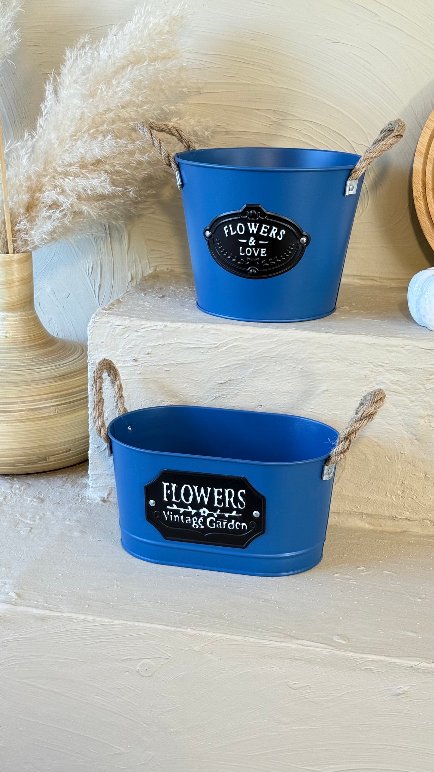 Tutku Halat Kulplu Metal İki Boy Vintage Saksı Mavi KOD:3455-54