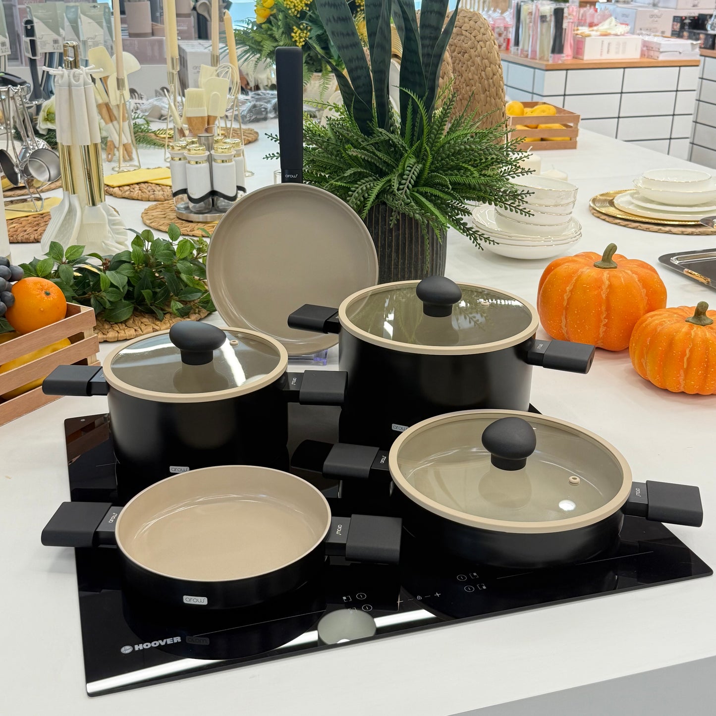 Arow Kristal Kaplama Yapışmaz Taban Tencere Tava Seti 8 Parça Siyah