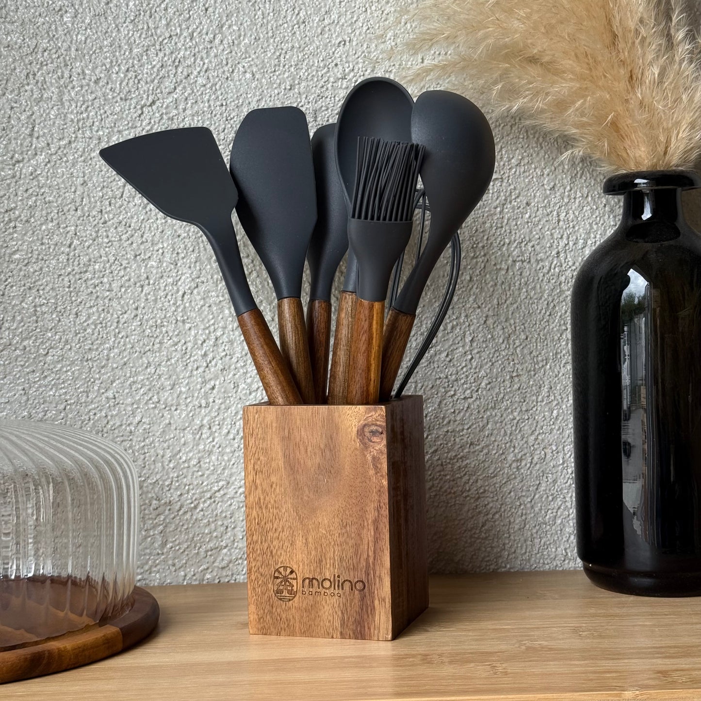 Molino Akasya Ağacı Standlı Silikon Mutfak Seti 8 Parça Gri