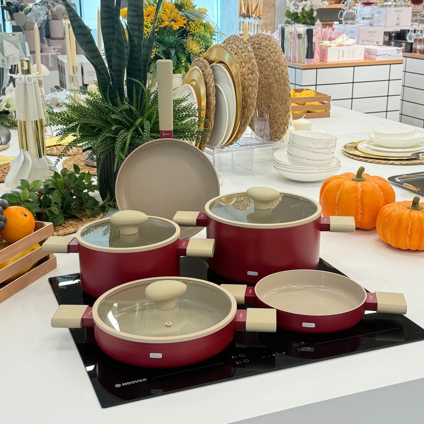 Arow Kristal Kaplama Yapışmaz Taban Tencere Tava Seti 8 Parça Bordo