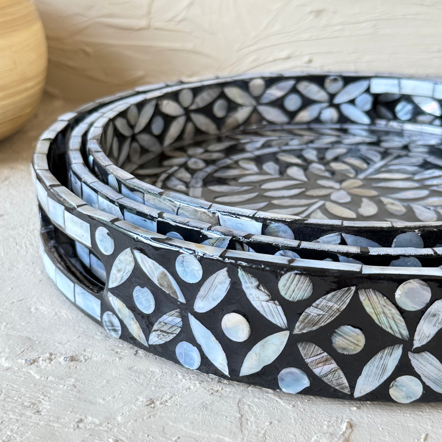 SVR Sedef 3 Lü Yuvarlak Tepsi Seti KOD:61874 Siyah