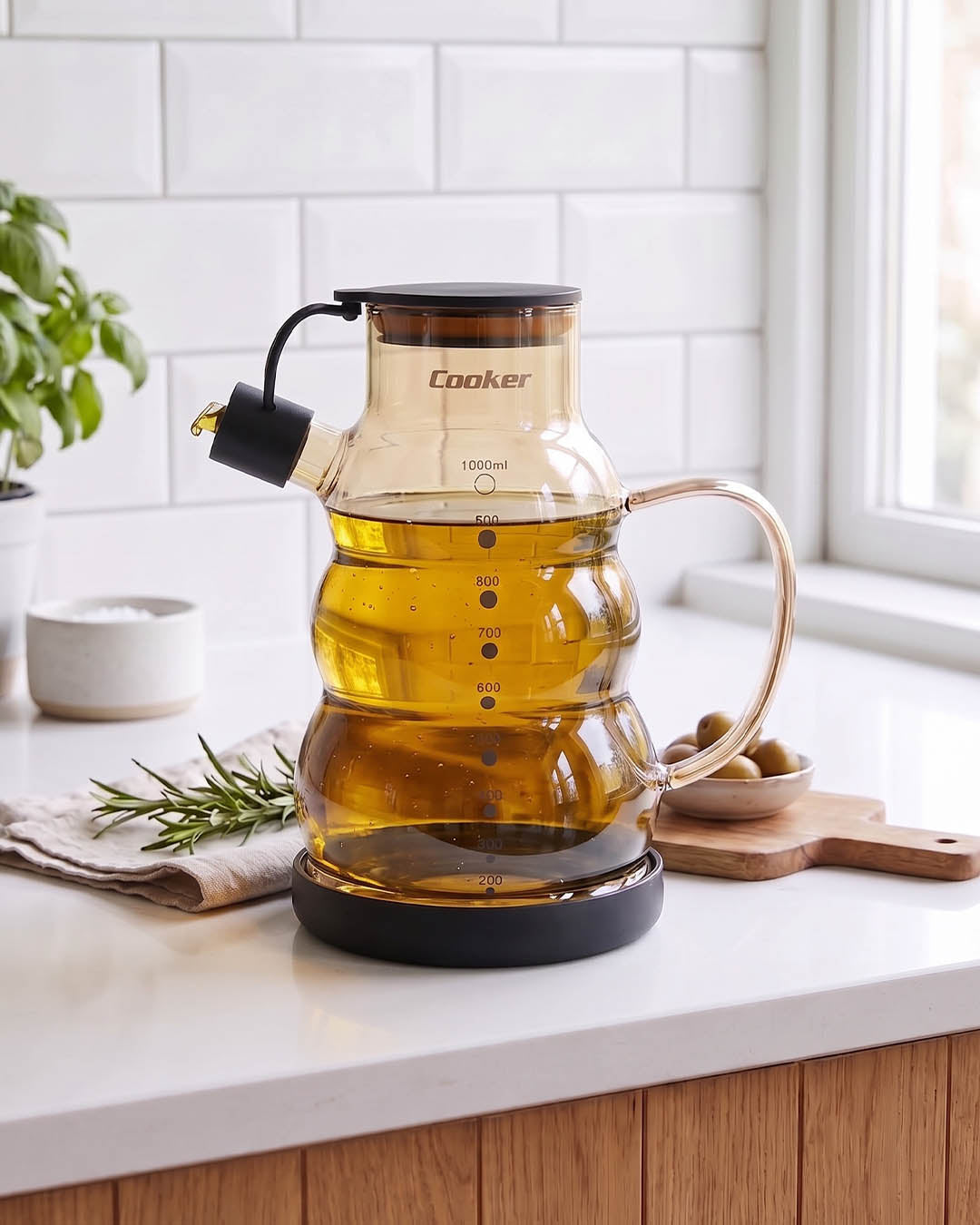 1 Litre Borsilikat Cam Yağlık ve Sirkelik  Zeytinyağ Şişesi Siyah