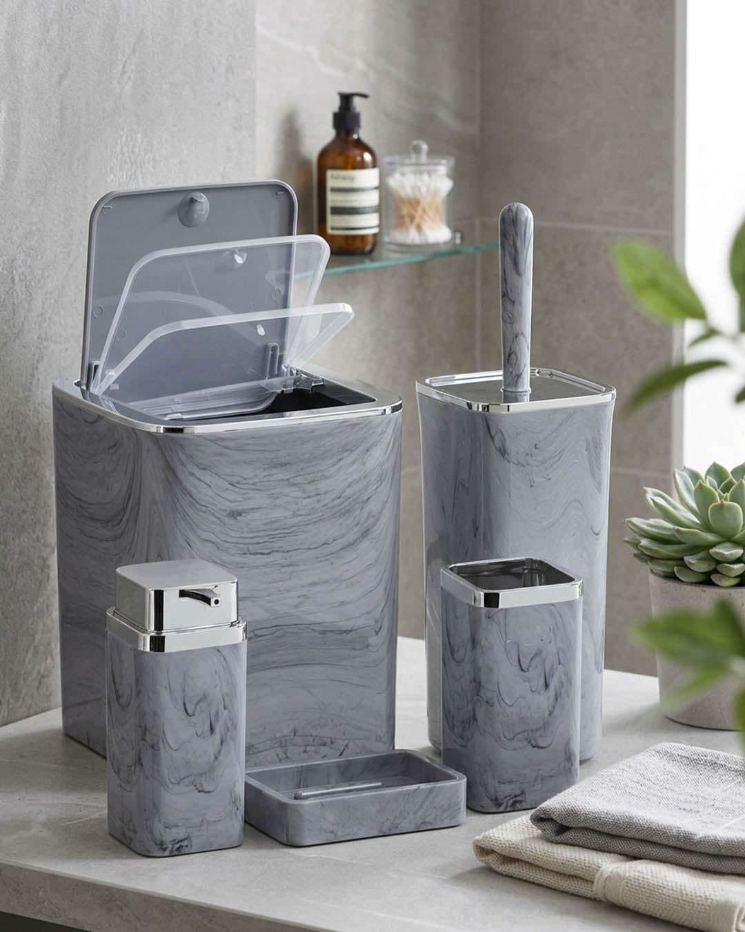 Kare Krom Mermer Desenli 5'li Banyo Seti