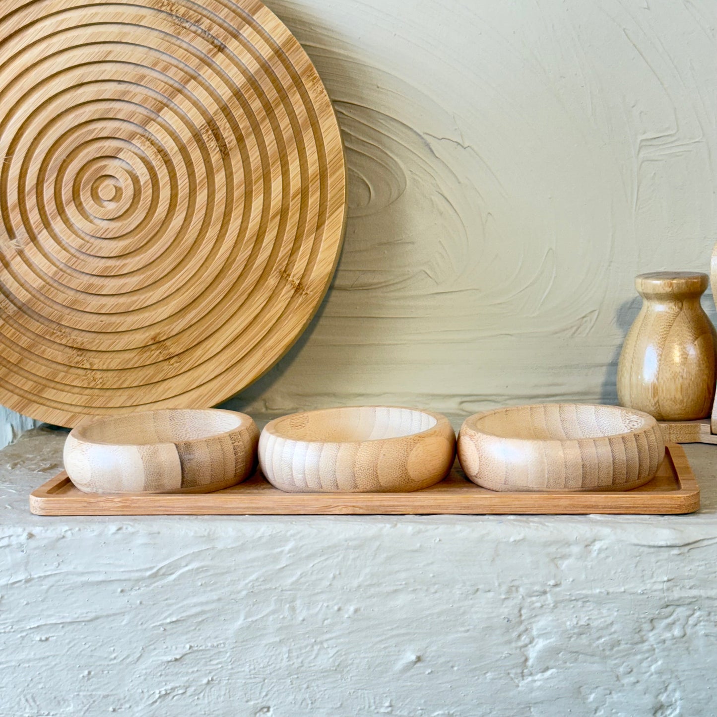 Miev Bambu Standlı 3Lü Yuvarlak Çerezlik Sosluk Seti