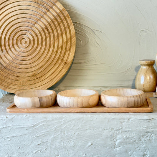 Miev Bambu Standlı 3Lü Yuvarlak Çerezlik Sosluk Seti