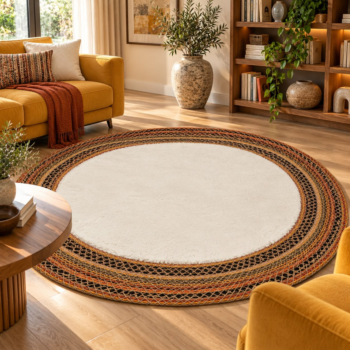 Arven Etnik Jüt ve Peluş Yuvarlak Halı - Doğal ve Lüks Dokunuş (100x100 cm) 202 Renkli