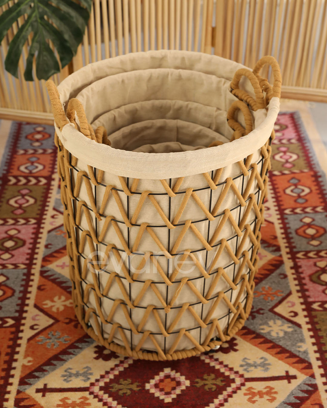 Lüks Halat Sarım Metal İskelet Çok Amaçlı Depolama Sepeti (Çamaşır, Oyuncak, Battaniye Sepeti)