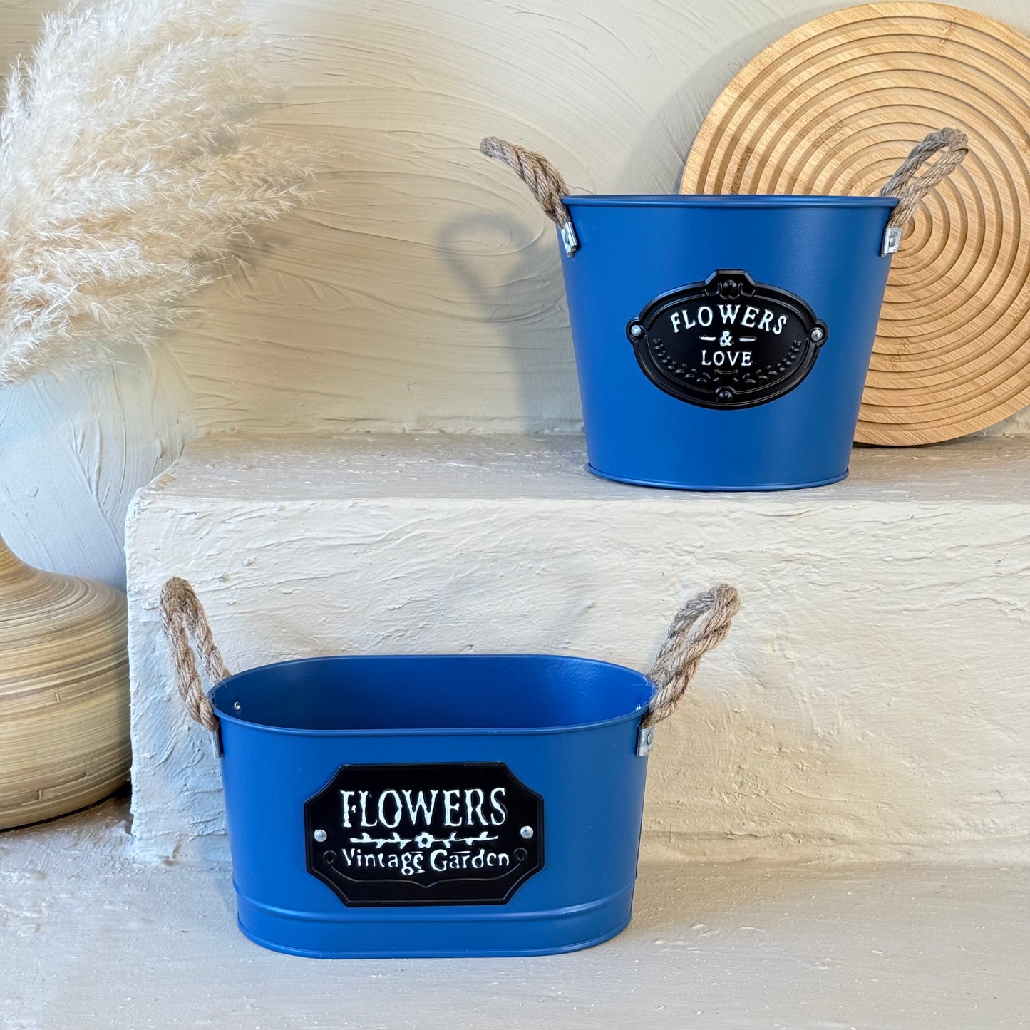 Tutku Halat Kulplu Metal İki Boy Vintage Saksı Mavi KOD:3455-54